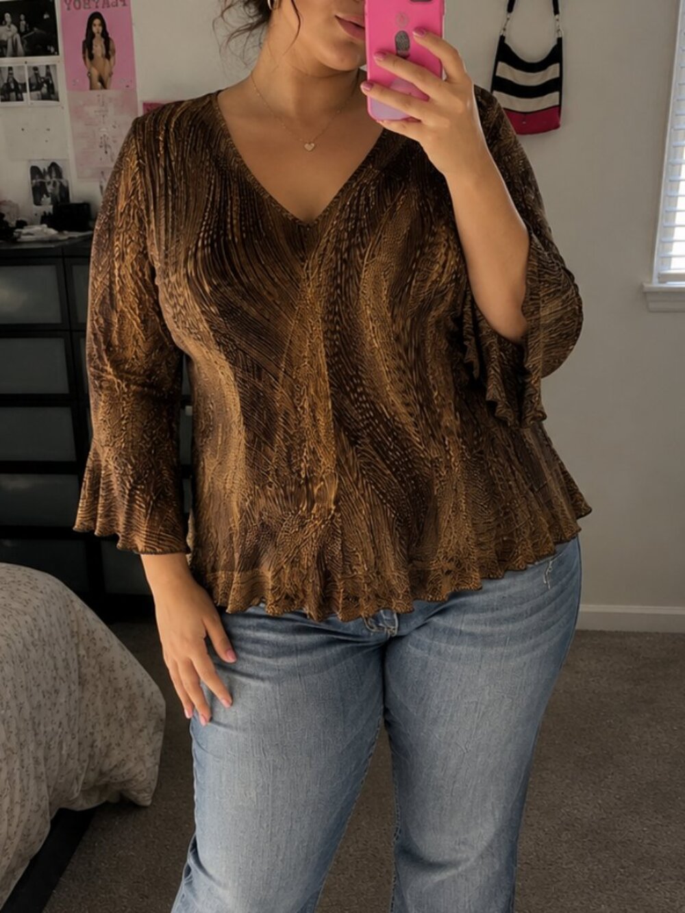 Vintage Y2K Brittany Black Brown Abstract Pleated Bell Sleeve Top Plus Size 2X
